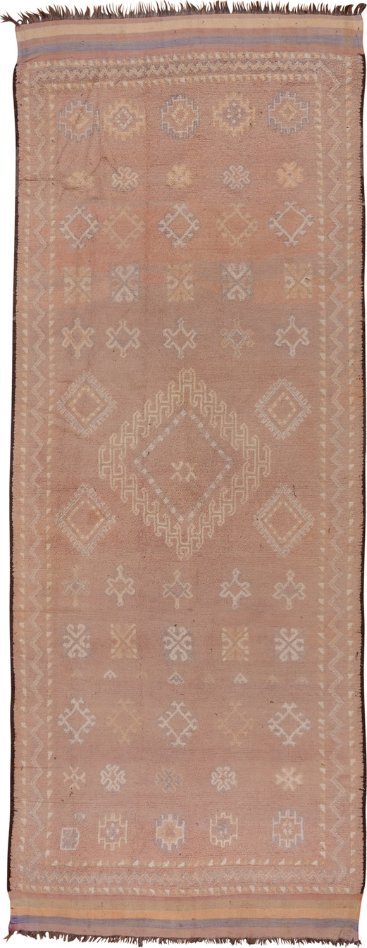 6' x 16' one-of-a-kind handmade vintage Moroccan rug. Color palette: brown, gray, pink, off-white, white, snow, whitesmoke