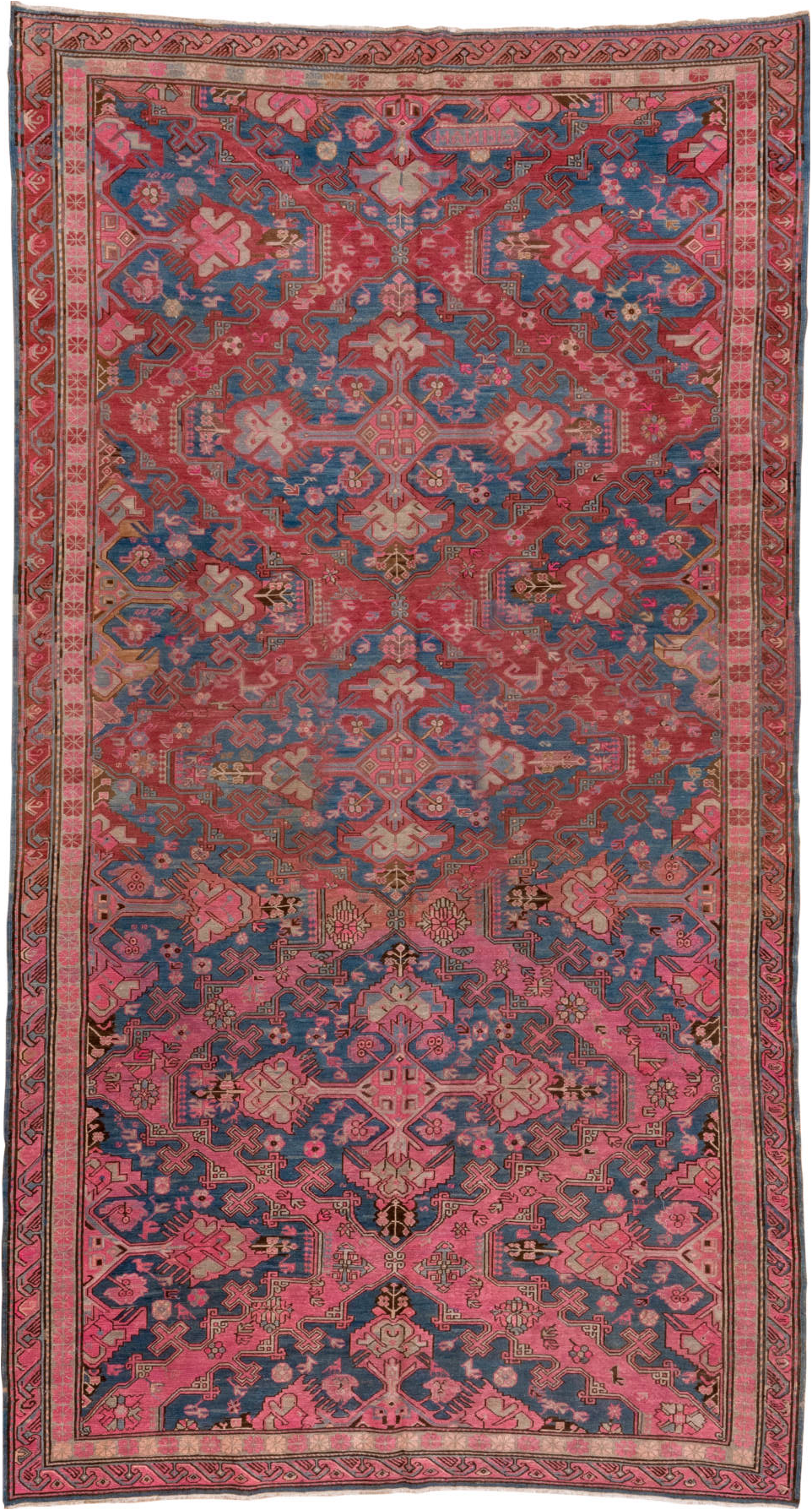 6' x 11' one-of-a-kind handmade vintage Sumak large size rug. Color palette: blue, brown, gray, pink, red, redwood