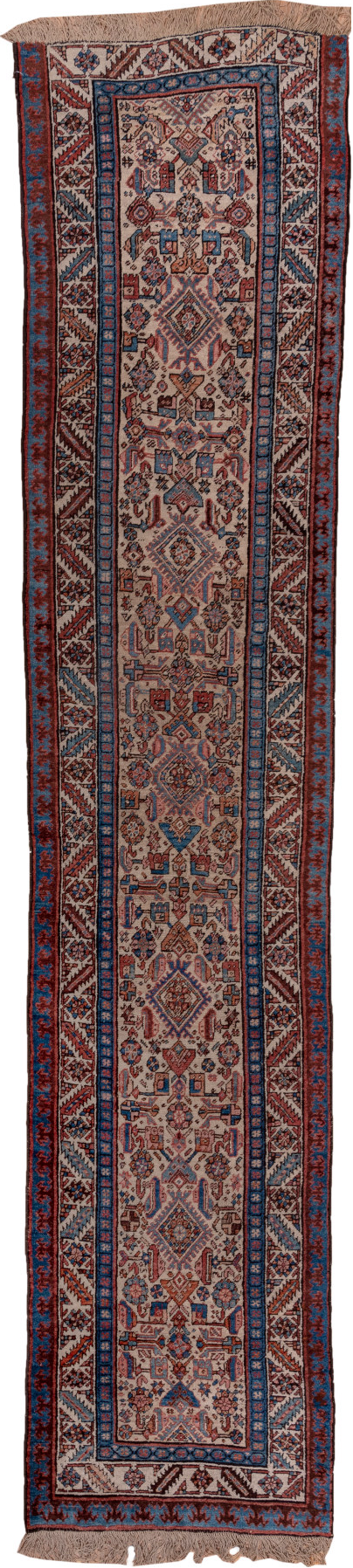 3' x 13' one-of-a-kind handmade vintage Sarab runner rug. Color palette: black, blue, brown, gray, pink, red