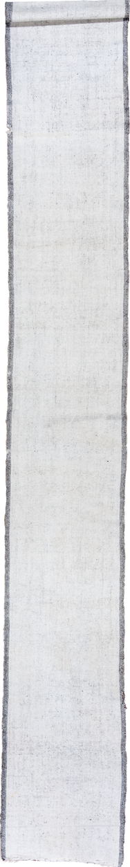 2' x 47' one-of-a-kind handmade vintage Flatweave runner rug. Color palette: off-white, gray, light gray, light blue, white