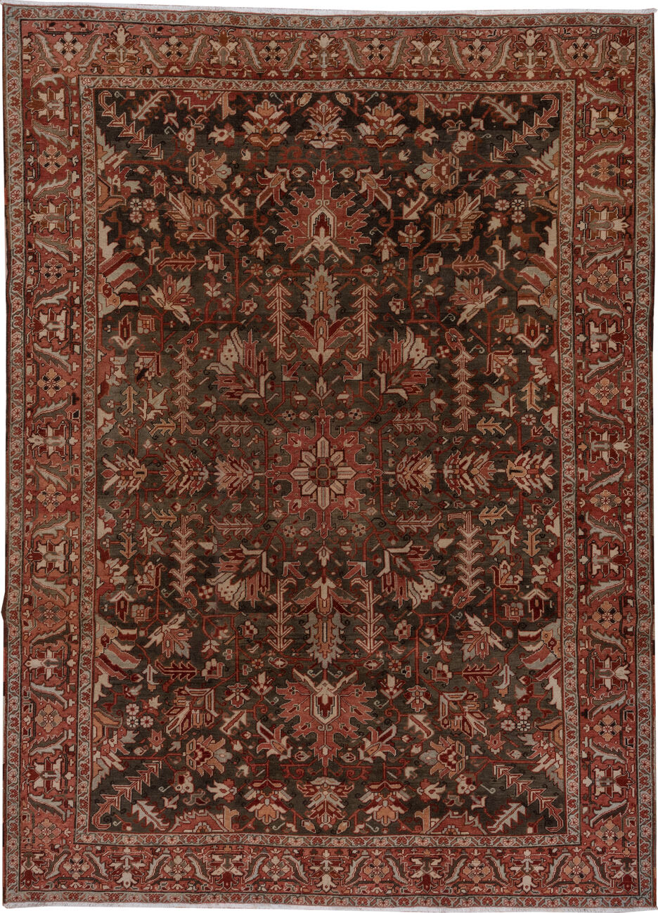8' x 11' one-of-a-kind handmade vintage Heriz large size rug. Color palette: gray, pink, light gray, off-white, brown