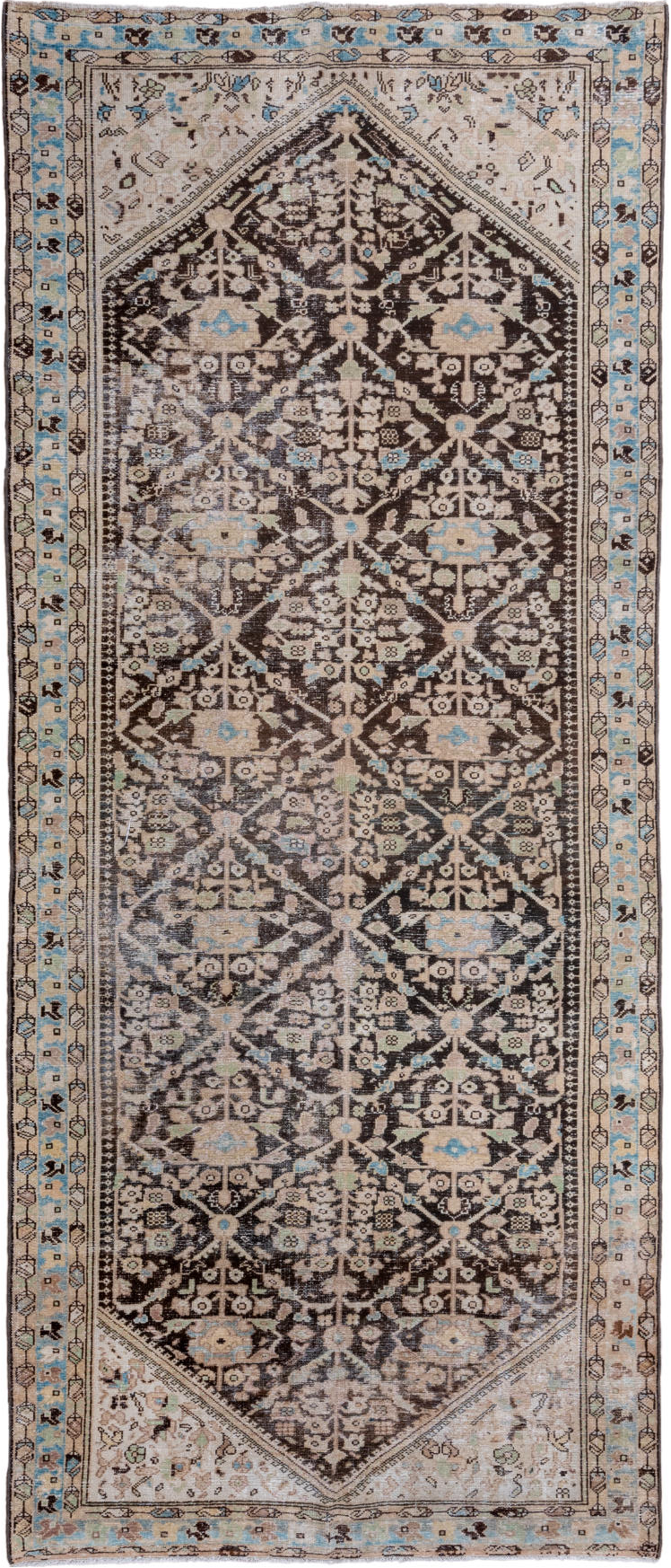 4' x 11' one-of-a-kind handmade vintage Malayer runner rug. Color palette: dark gray, gray, light gray, light slate gray