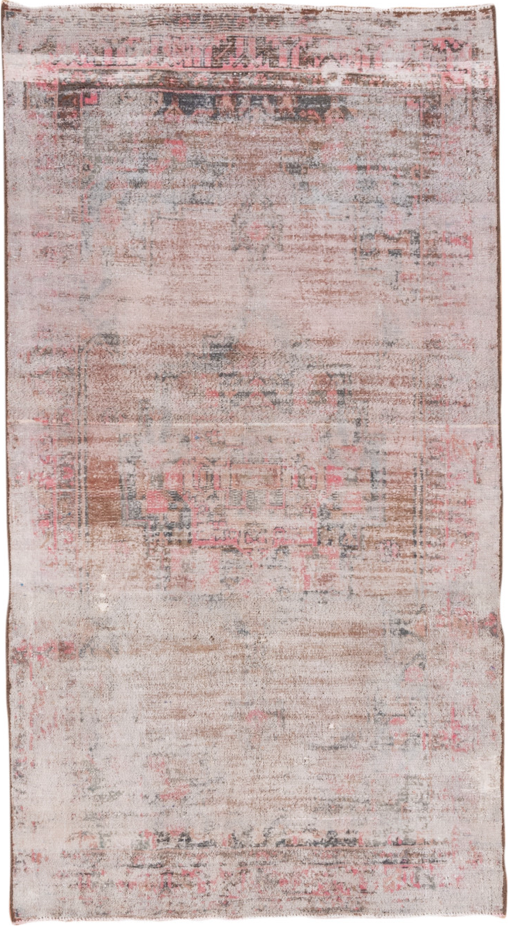 4' x 8' one-of-a-kind handmade vintage Overdyed rug. Color palette: gainsboro, gray, light gray, off-white, pink, rosy brown