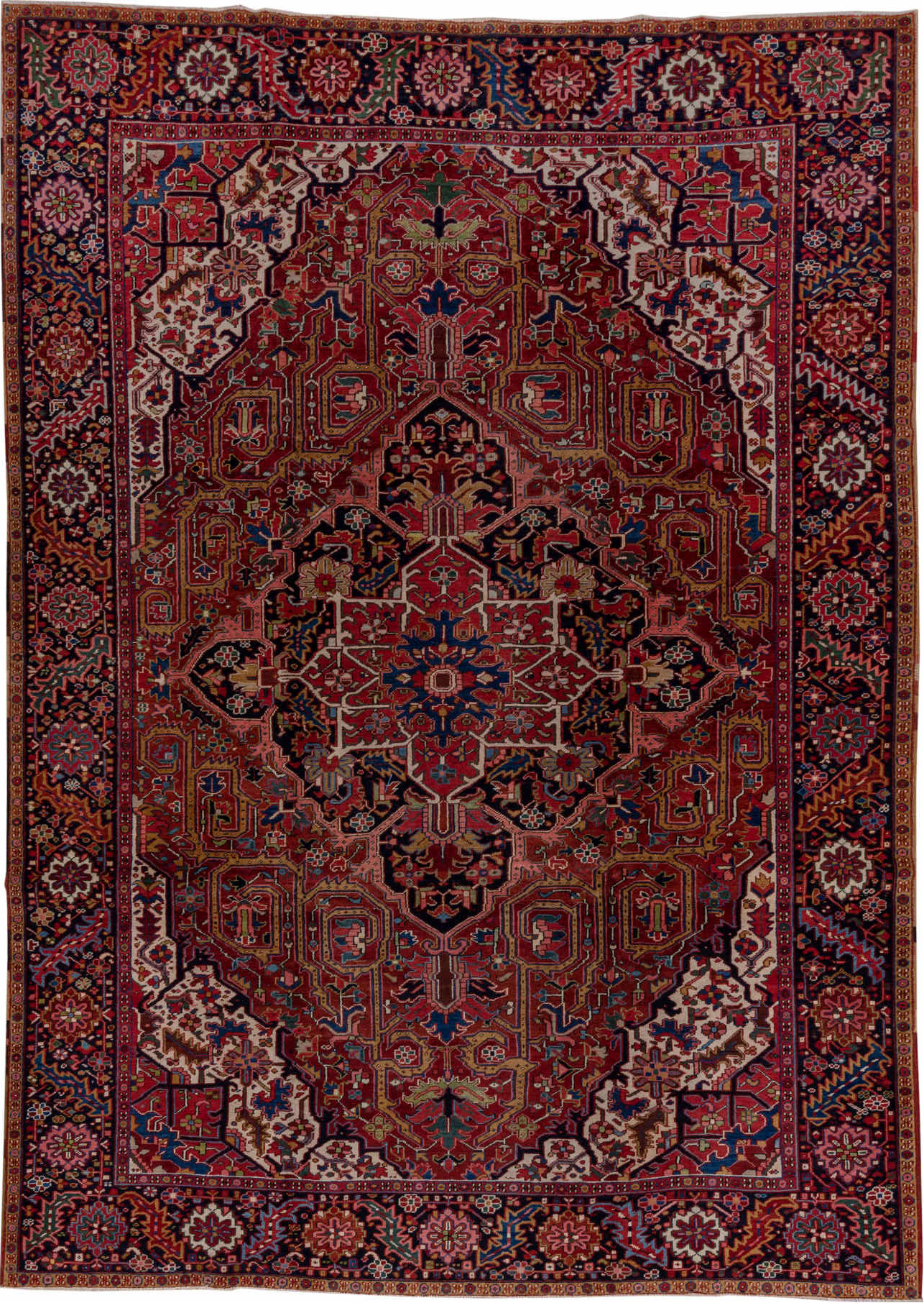 8' x 12' one-of-a-kind handmade vintage Heriz large size rug. Color palette: brown, red, gray, pink, blue, dim gray, redwood