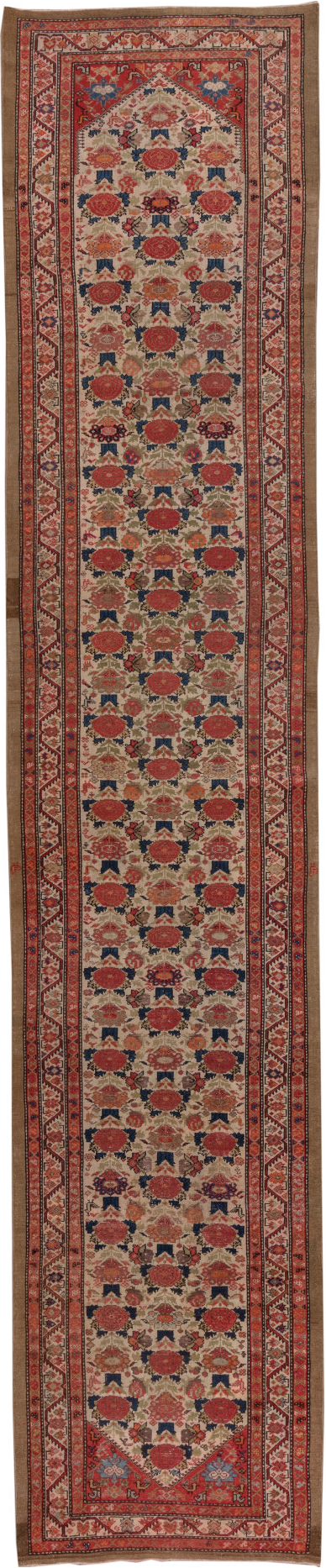 3' x 17' one-of-a-kind handmade vintage Malayer runner rug. Color palette: blue, brown, gray, pink, red