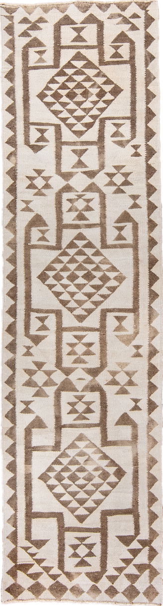 3' x 10' one-of-a-kind handmade vintage Kilim runner rug. Color palette: brown, gray, pink, light gray, off-white, orange