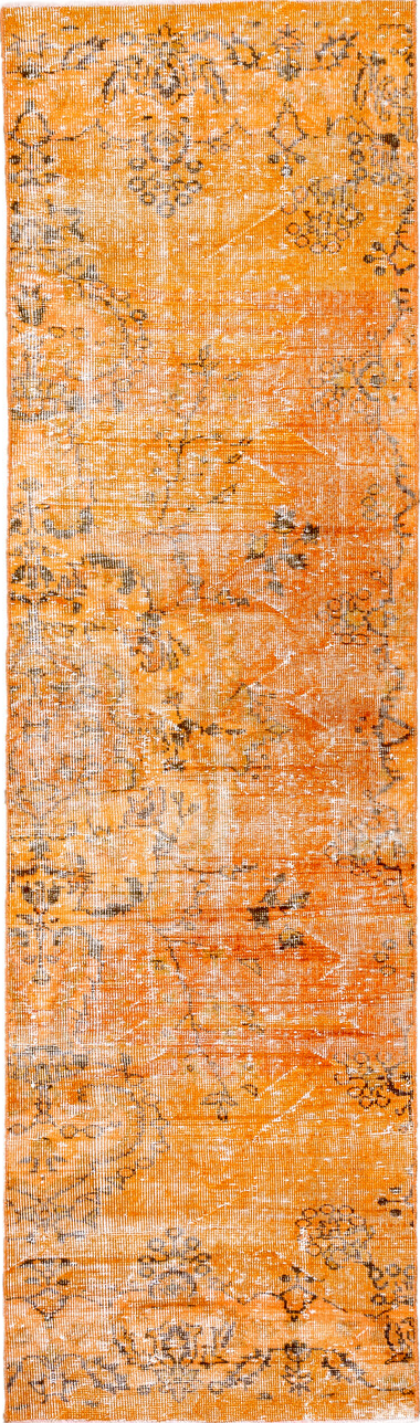 2' x 9' one-of-a-kind handmade vintage Overdyed runner rug. Color palette: yellow, orange, brown, off-white, pink, chocolate