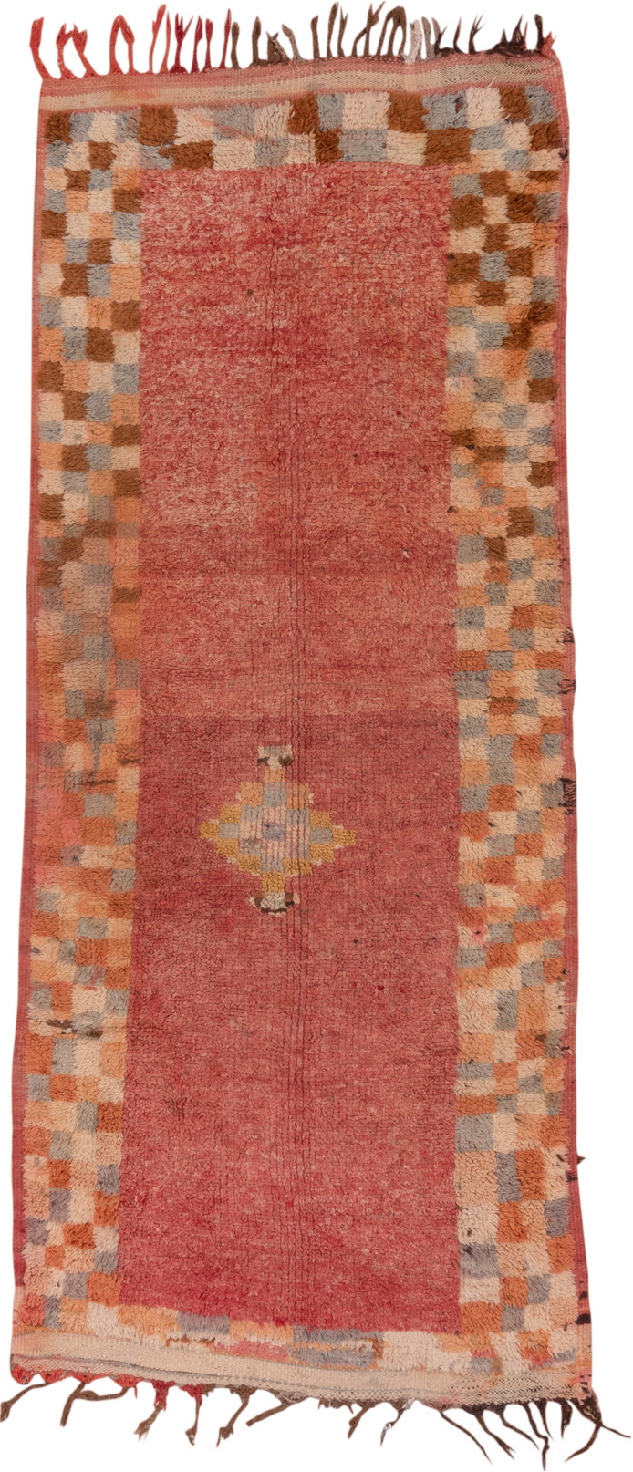 3' x 9' one-of-a-kind handmade vintage Moroccan runner rug. Color palette: brown, orange, pink, red