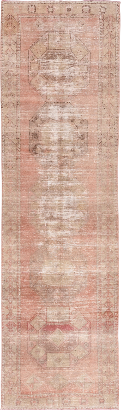 3' x 11' one-of-a-kind handmade vintage Oushak runner rug. Color palette: brown, gray, off-white, orange, pink, snow, white