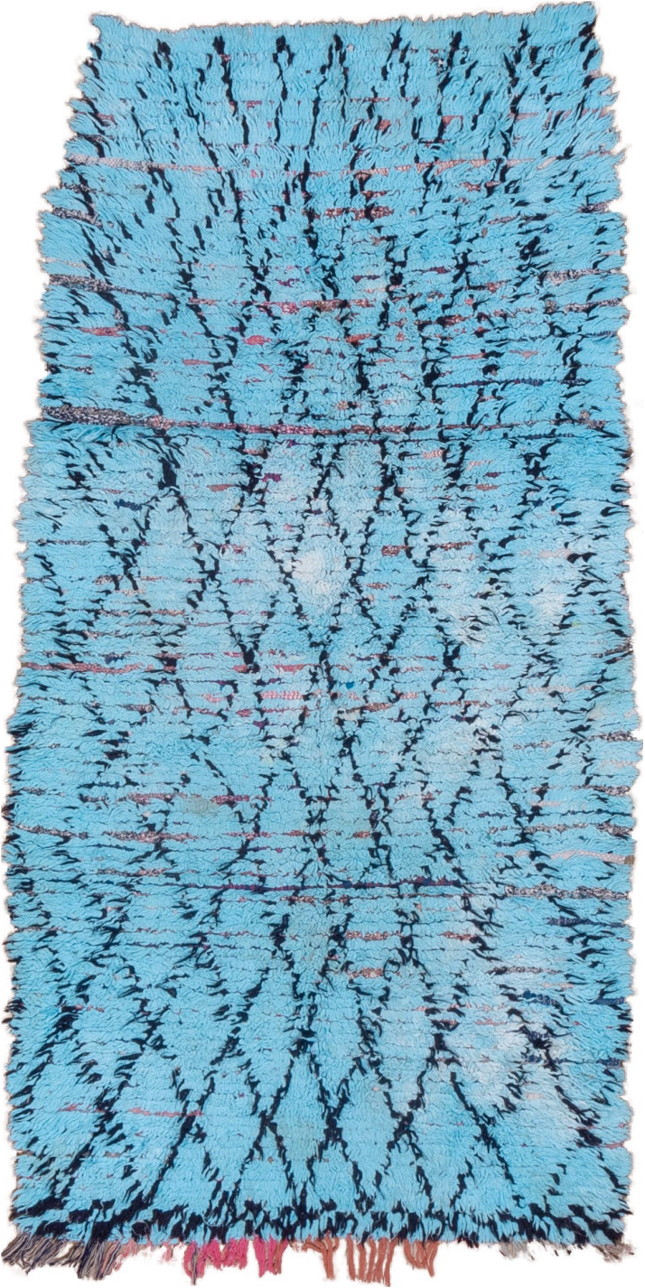 3' x 7' one-of-a-kind handmade vintage Rag Rug runner rug. Color palette: blue, gray, light blue, light gray