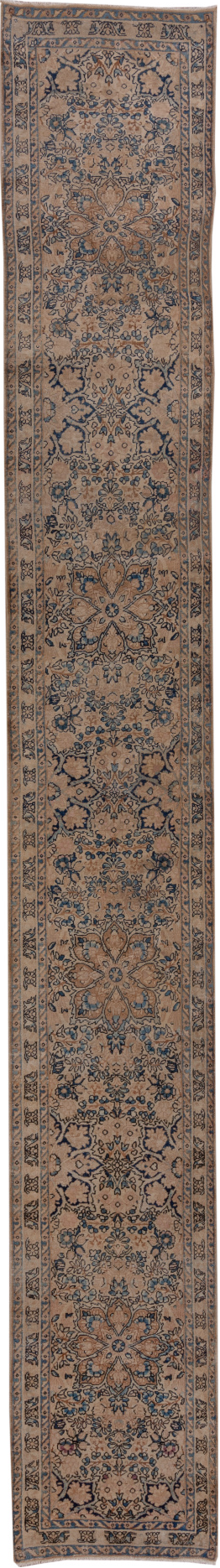 2' x 16' one-of-a-kind handmade vintage Kerman runner rug. Color palette: black, brown, charcoal, dim gray, gray, off-white