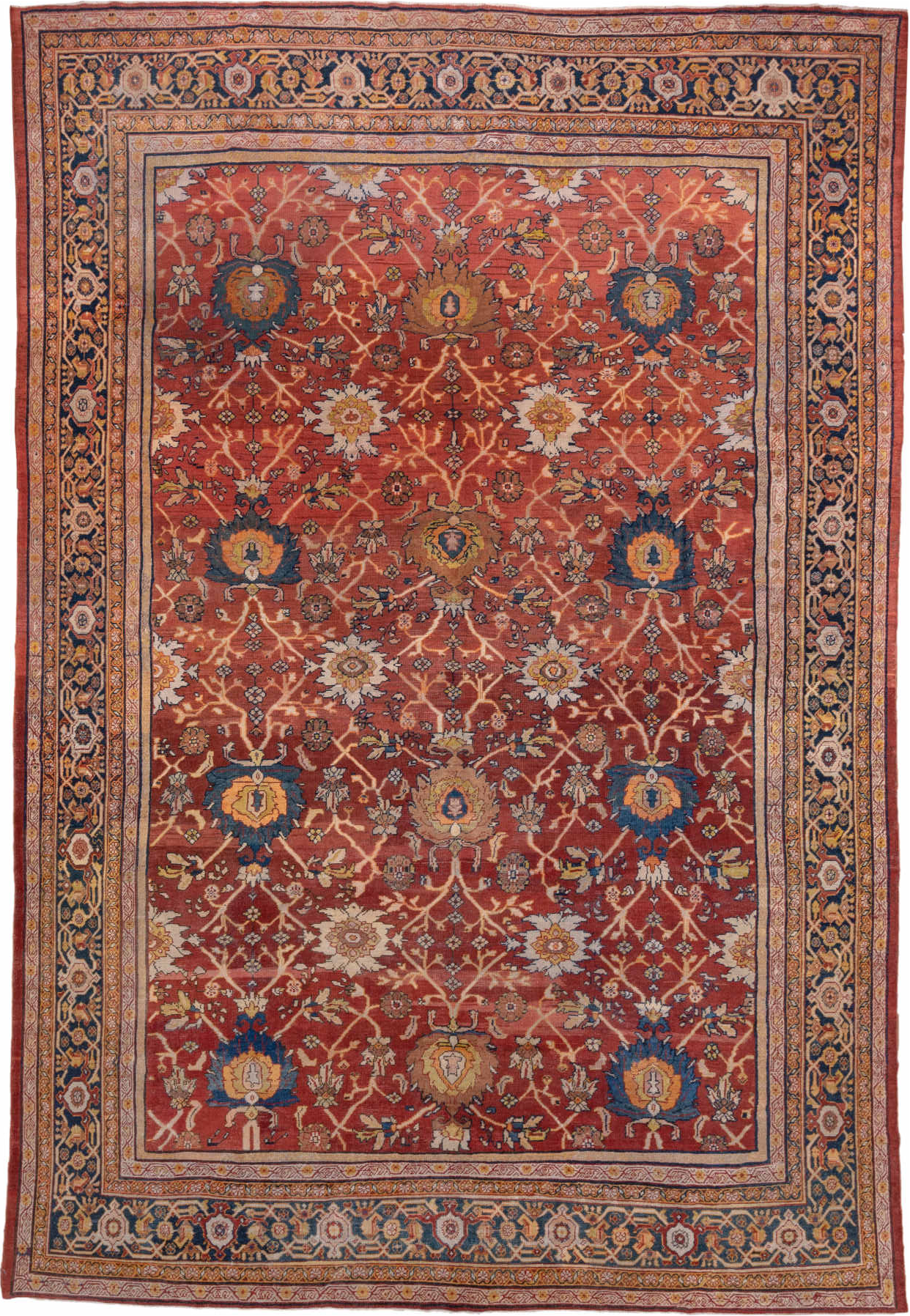 10' x 15' one-of-a-kind handmade vintage Mahal rug. Color palette: blue, brown, fiord, gray, light gray, off-white, pink