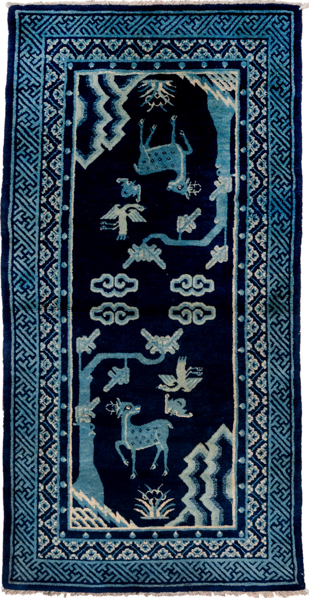 3' x 5' one-of-a-kind handmade vintage Chinese small size rug. Color palette: gray, blue, arapawa