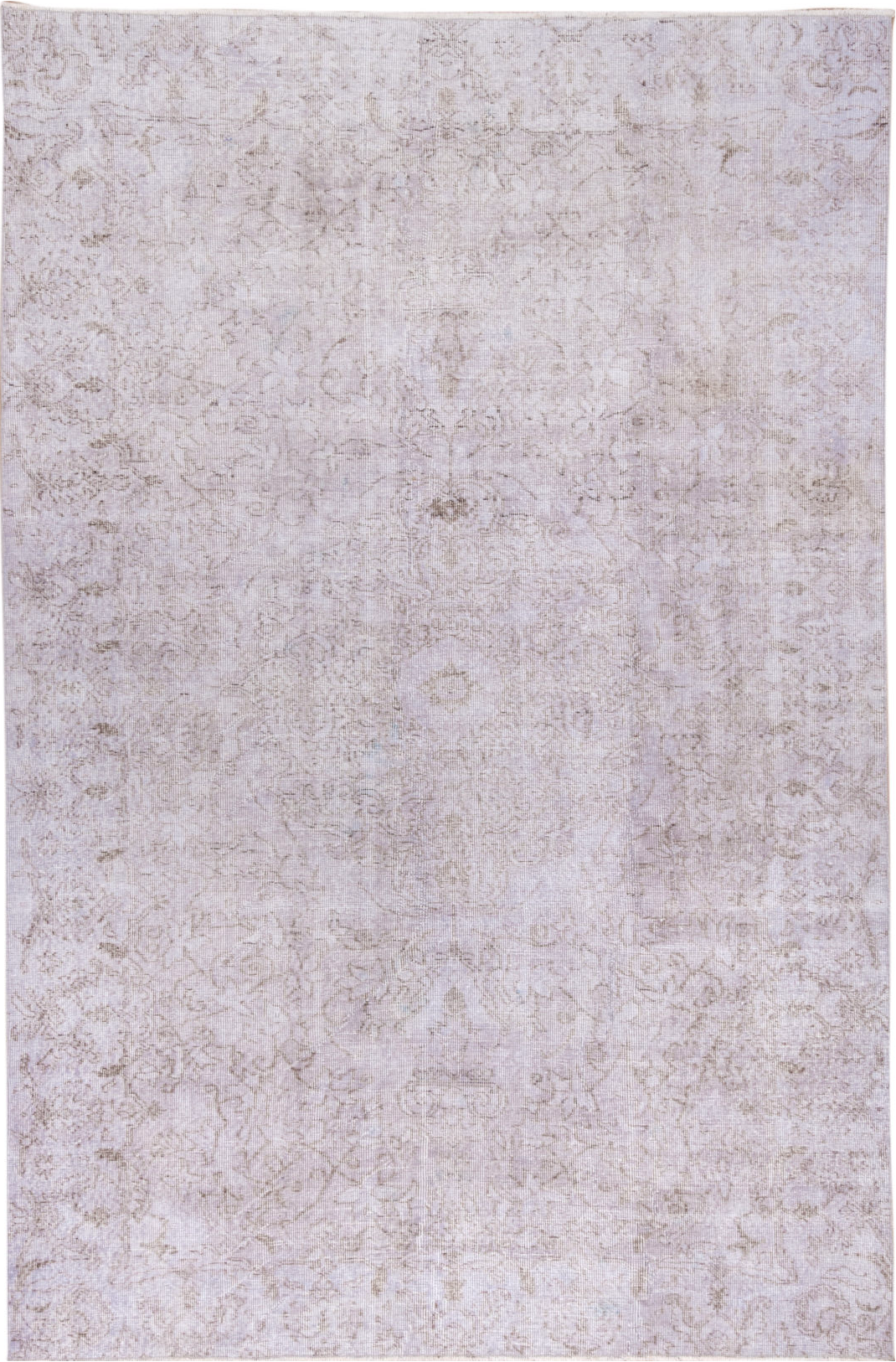 6' x 9' one-of-a-kind handmade vintage Overdyed medium size rug. Color palette: gainsboro, gray, light gray, off-white, pink