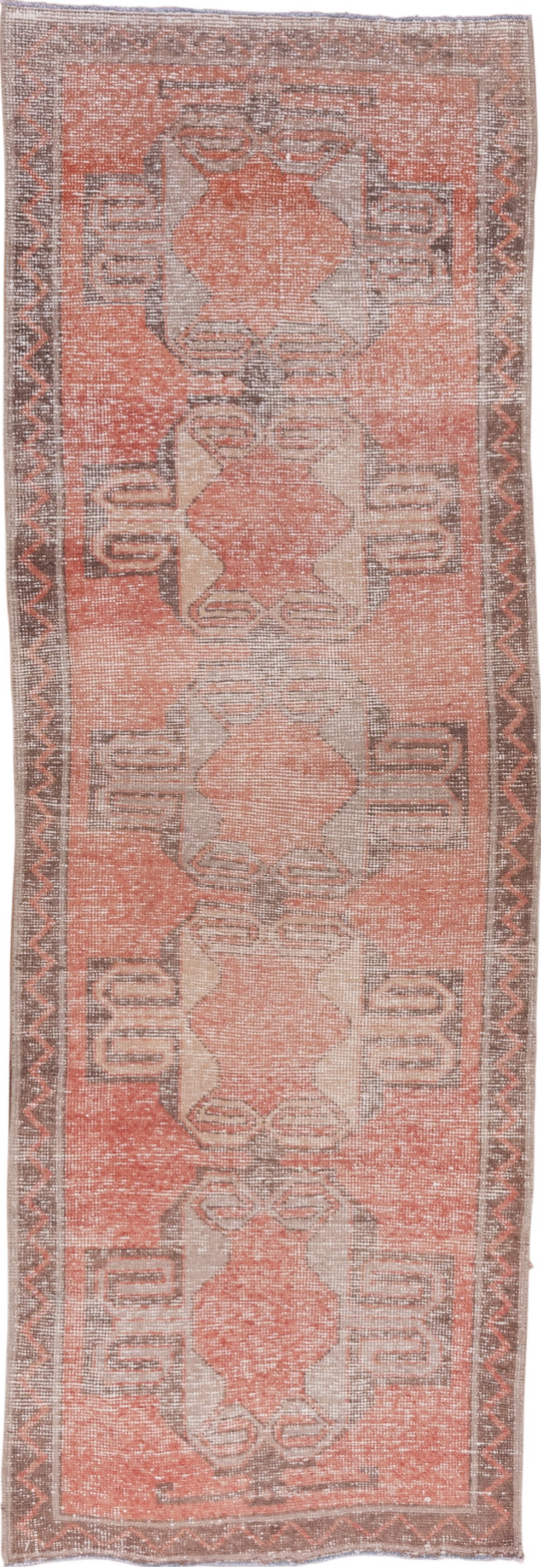 3' x 8' one-of-a-kind handmade vintage Oushak runner rug. Color palette: brown, gray, light gray, off-white, pink, snow
