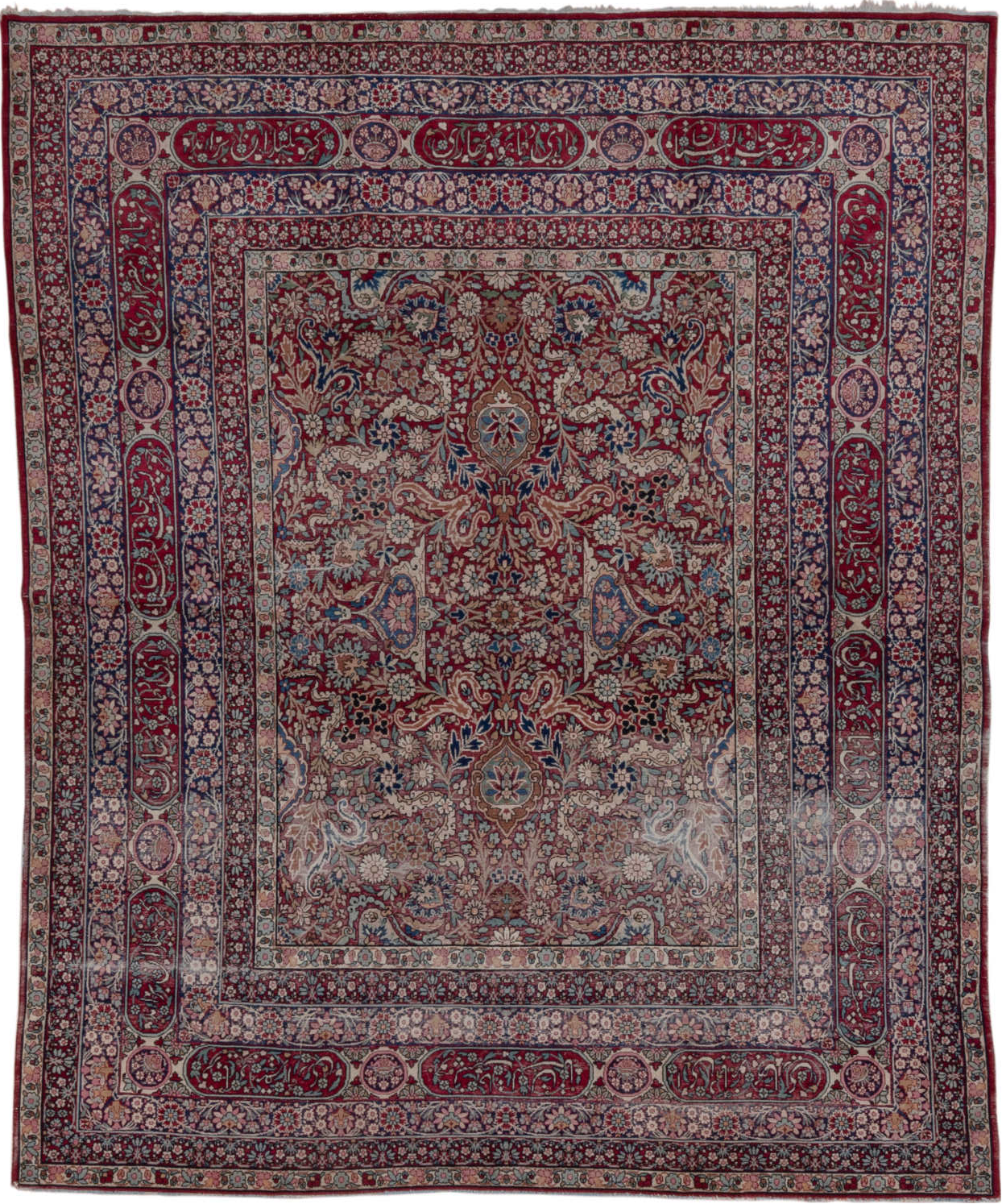 6' x 8' one-of-a-kind handmade vintage Lavar medium size rug. Color palette: blue, brown, dim gray, gray, off-white, pink