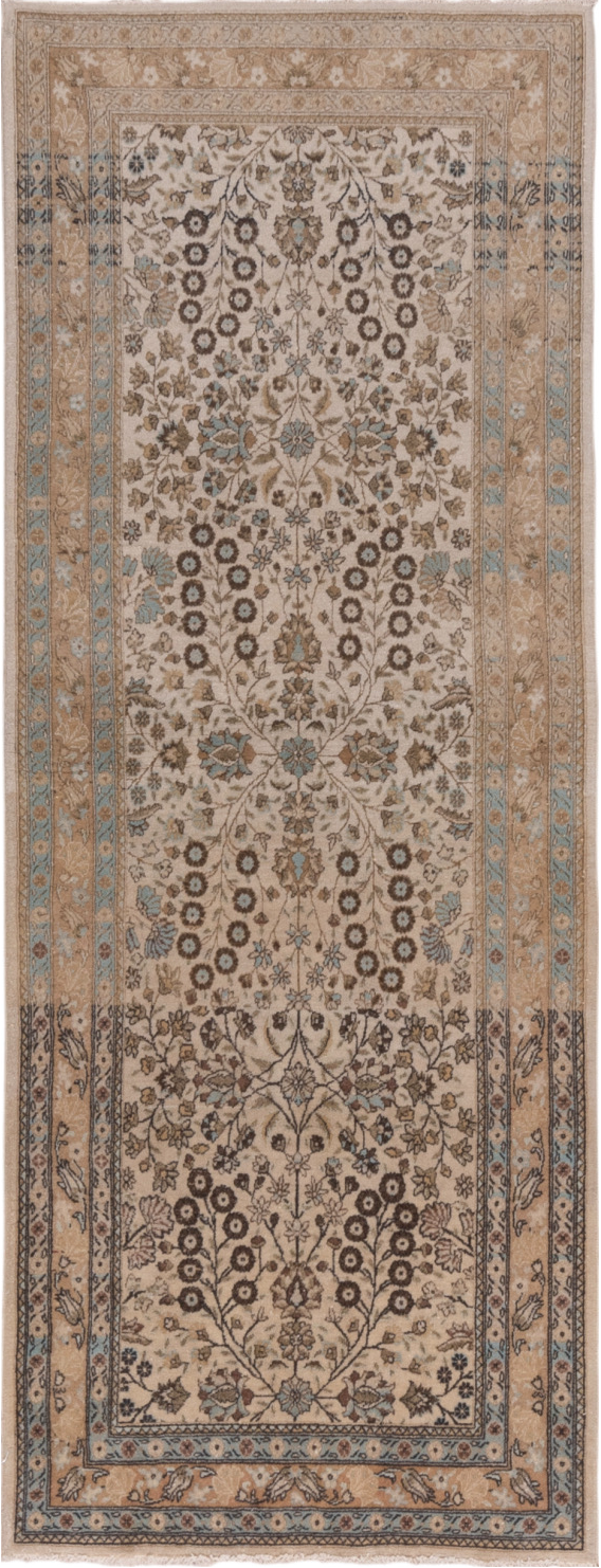 3' x 7' one-of-a-kind handmade vintage Sivas runner rug. Color palette: black, brown, gray, light gray, off-white, pink