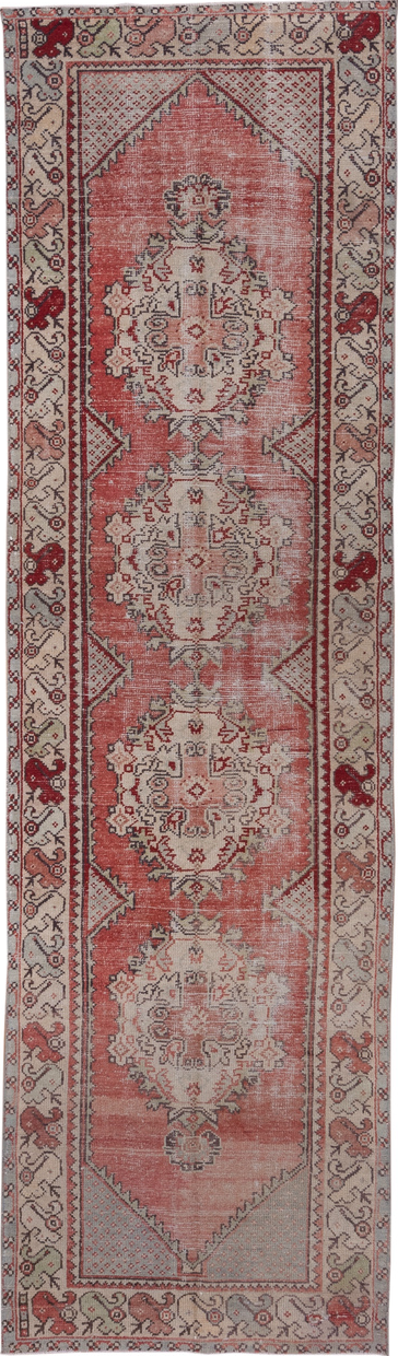 2' x 10' one-of-a-kind handmade vintage Oushak runner rug. Color palette: red, brown, pink, gray
