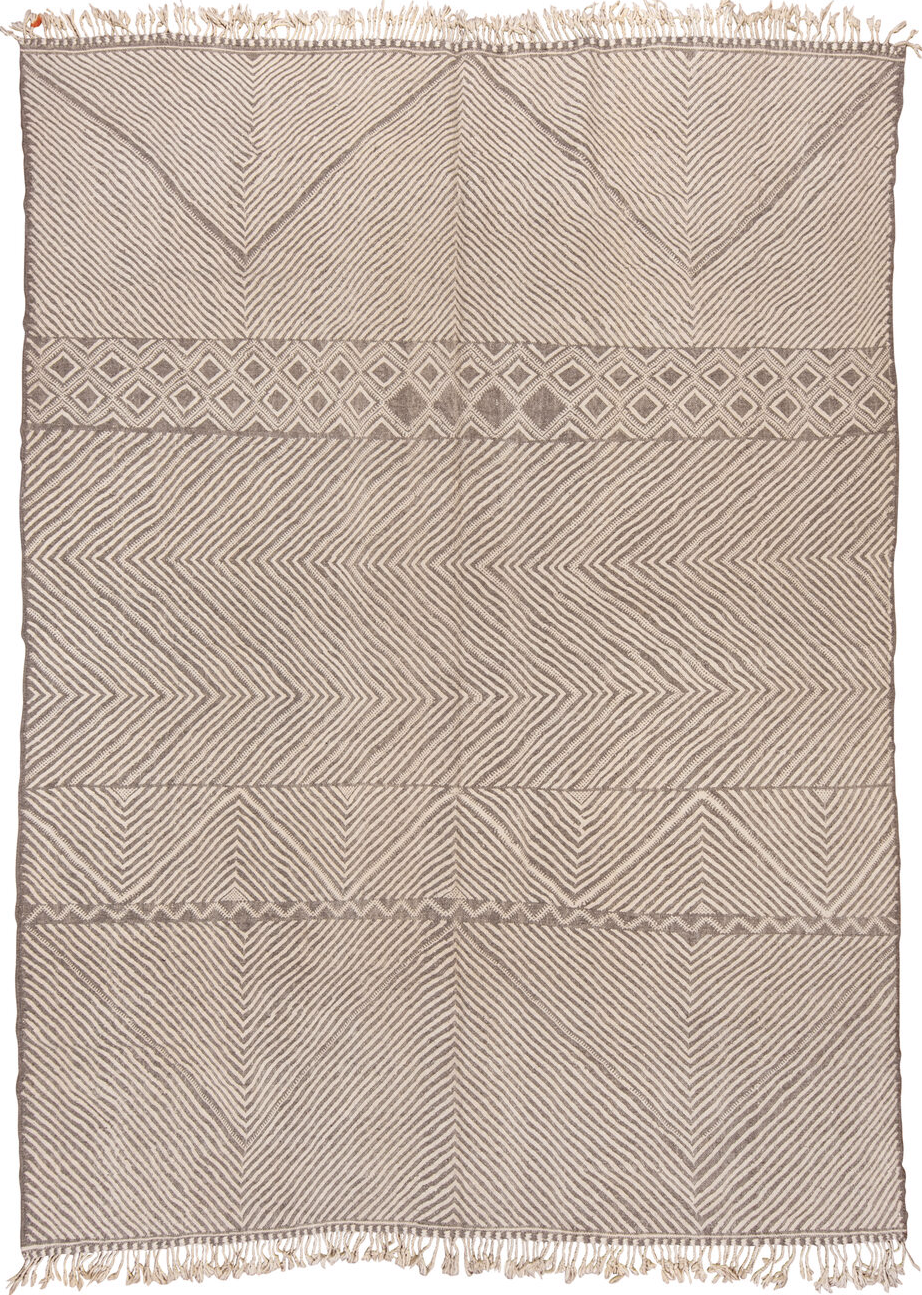 9' x 13' one-of-a-kind handmade vintage Kilim large size rug. Color palette: gray, brown, pink, light gray, off-white