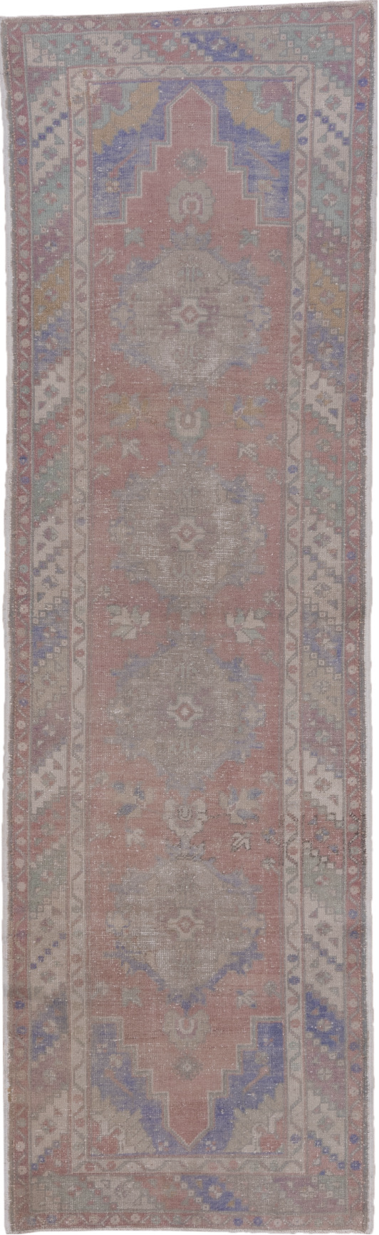 3' x 10' one-of-a-kind handmade vintage Oushak runner rug. Color palette: dark gray, gray, light gray, off-white, pink