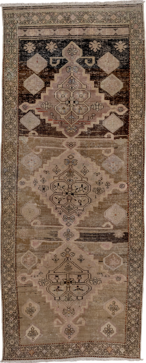 3' x 7' one-of-a-kind handmade vintage Caucasian runner rug. Color palette: brown, gray, black, light gray
