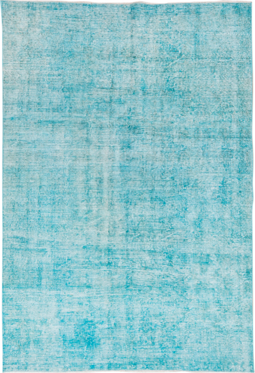 5' x 7' one-of-a-kind handmade vintage Overdyed rug. Color palette: blue, cadet blue, gray, light blue, off-white