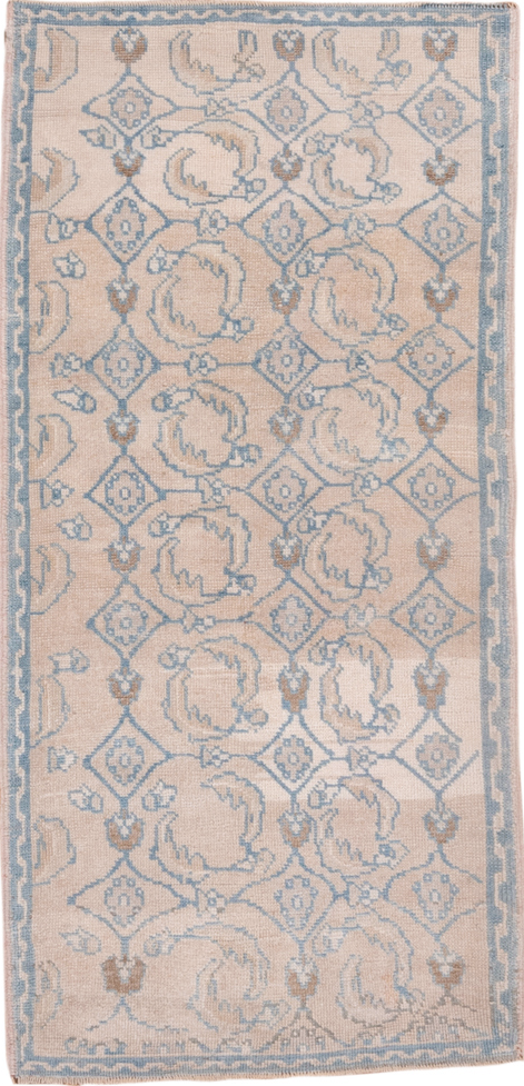 3' x 6' one-of-a-kind handmade vintage Oushak runner rug. Color palette: gray, light gray, off-white, pink, light blue