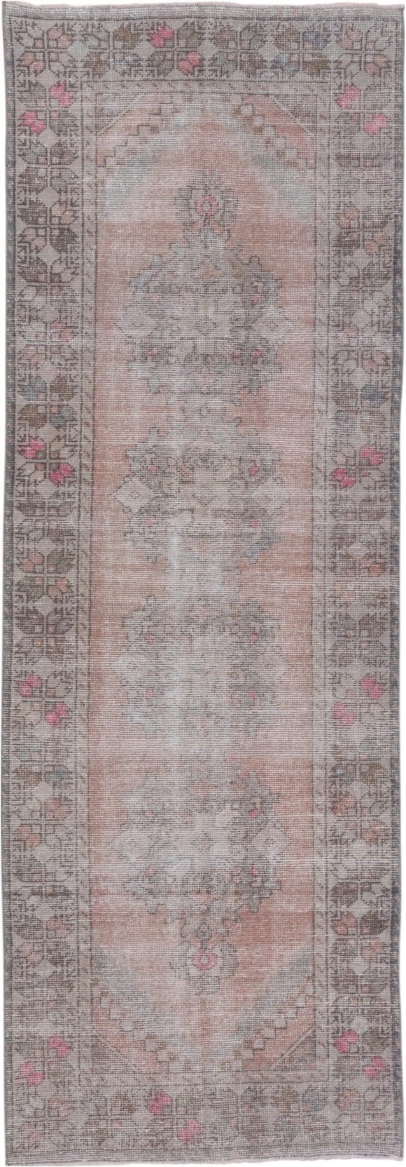 3' x 9' one-of-a-kind handmade vintage Oushak runner rug. Color palette: dark gray, dim gray, gray, light gray, off-white