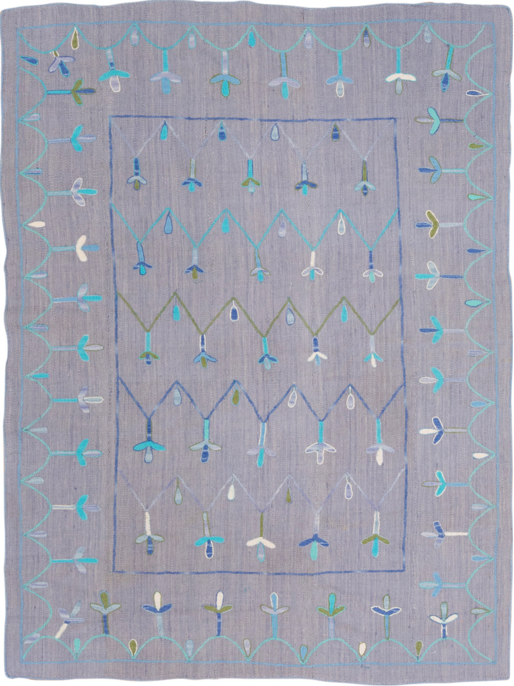 5' x 7' one-of-a-kind handmade vintage Kilim rug. Color palette: blue, dark gray, gainsboro, gray, light blue, light gray