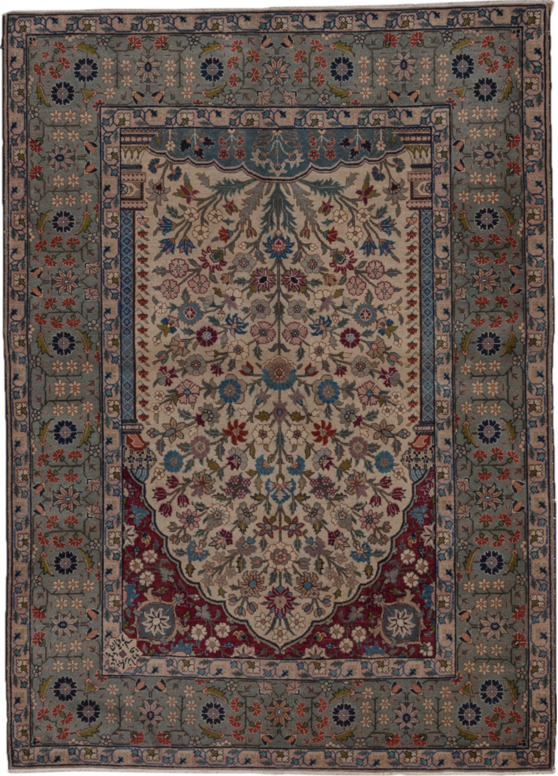 4' x 6' one-of-a-kind handmade vintage Tabriz small size rug. Color palette: black, blue, brown, dim gray, gray, red