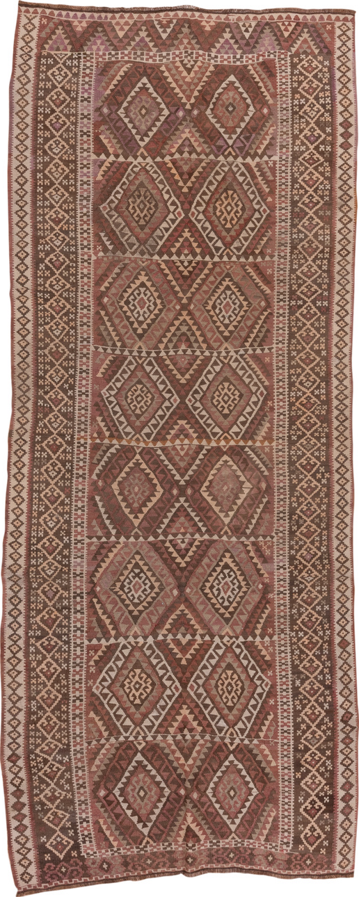 4' x 11' one-of-a-kind handmade vintage Kilim runner rug. Color palette: pink, brown