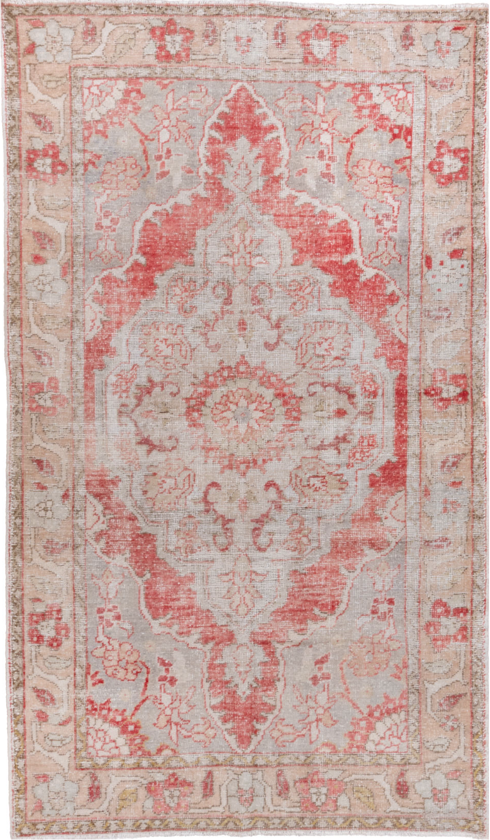 5' x 9' one-of-a-kind handmade vintage Oushak medium size rug. Color palette: gray, light gray, off-white, pink, red