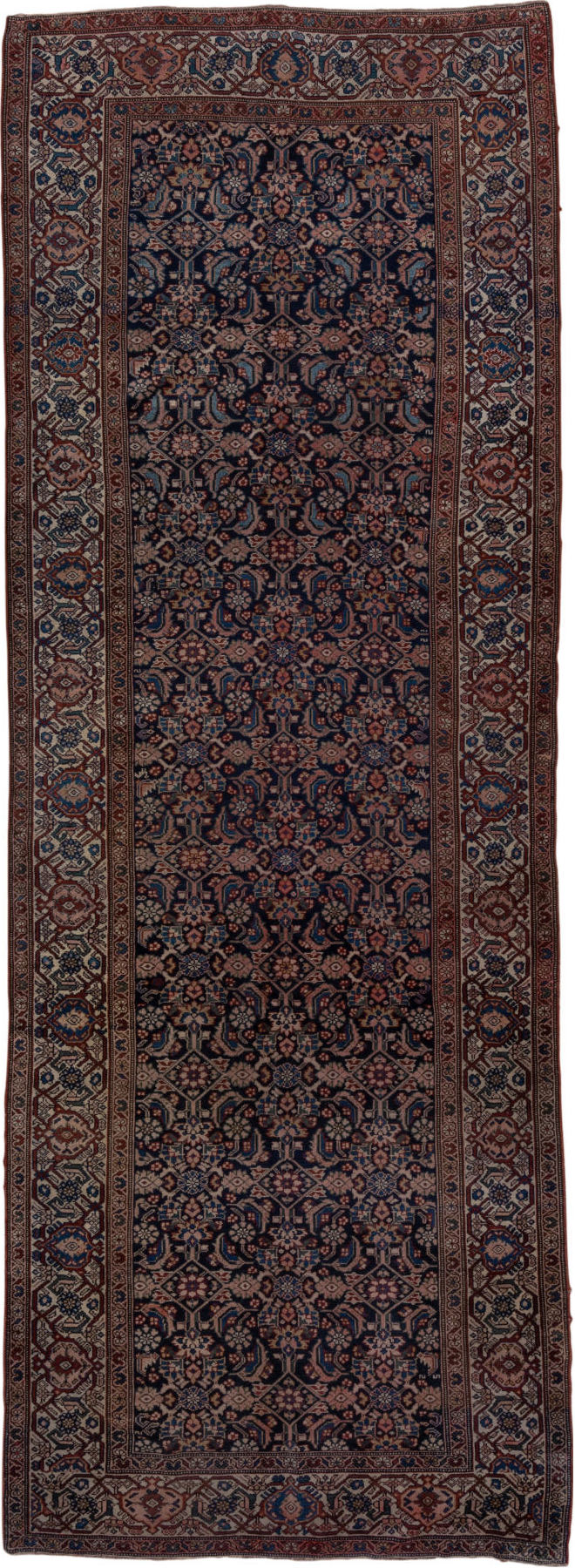 5' x 14' one-of-a-kind handmade vintage Malayer rug. Color palette: black, blue, brown, charcoal, gray