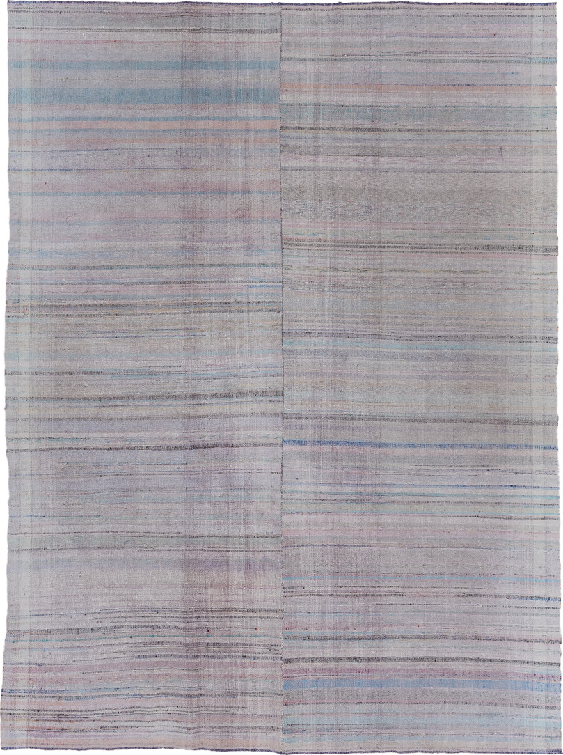 6' x 9' one-of-a-kind handmade vintage Rag Rug medium size rug. Color palette: gray, light blue, off-white, blue, light gray