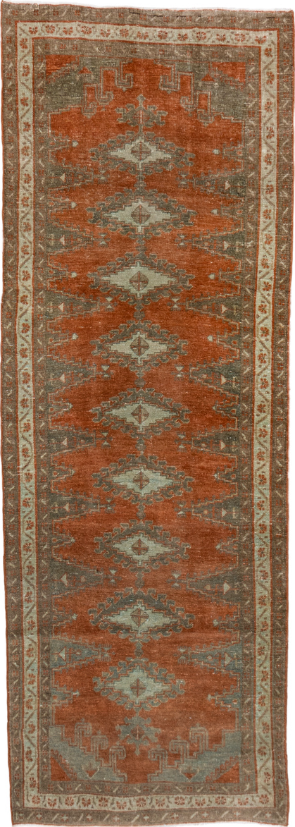 3' x 10' one-of-a-kind handmade vintage Veece runner rug. Color palette: brown, pink, gray, light gray, off-white, sienna