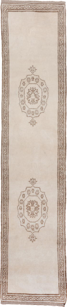 3' x 13' one-of-a-kind handmade vintage Moroccan runner rug. Color palette: light gray, gray, off-white, pink, brown, white