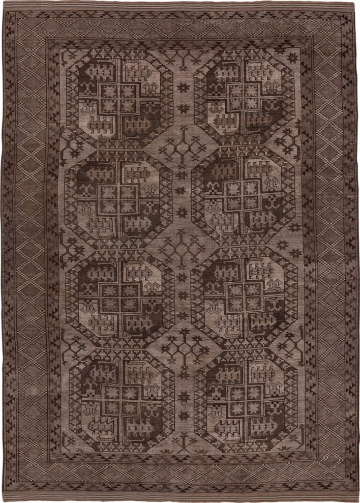 6' x 9' one-of-a-kind handmade vintage Afghan medium size rug. Color palette: gray, pink, brown, light gray, off-white