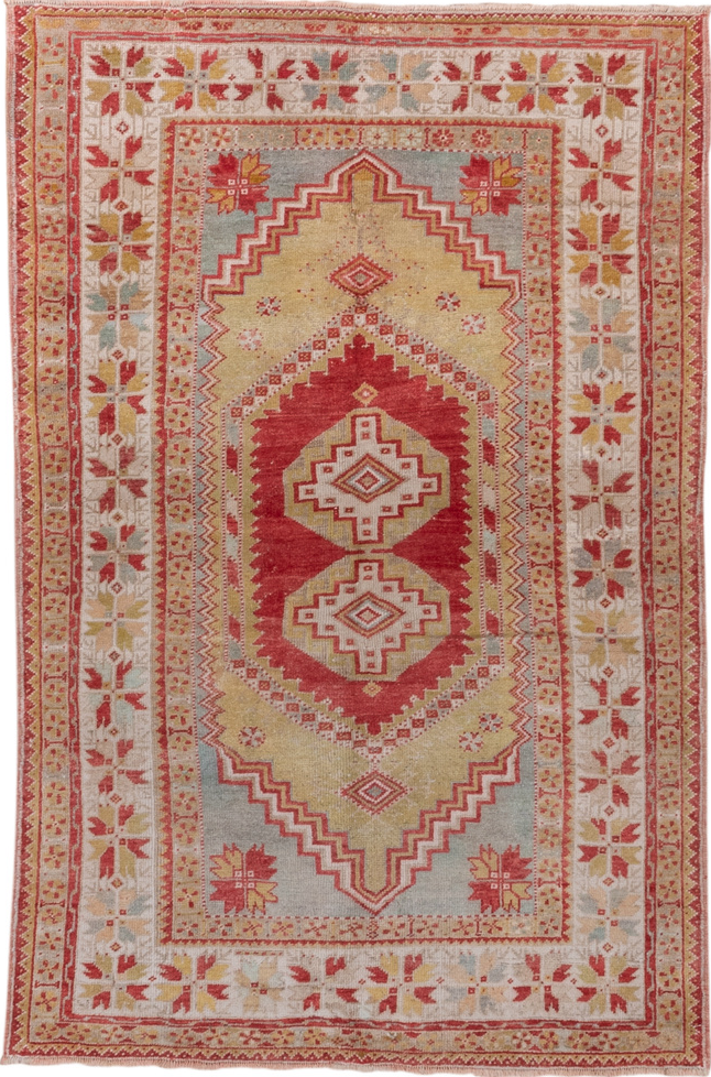3' x 5' one-of-a-kind handmade vintage Oushak small size rug. Color palette: gray, off-white, light gray, pink, brown, red