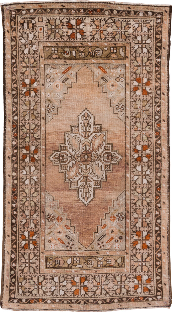 3' x 6' one-of-a-kind handmade vintage Oushak small size rug. Color palette: gray, light gray, off-white, brown, pink, white