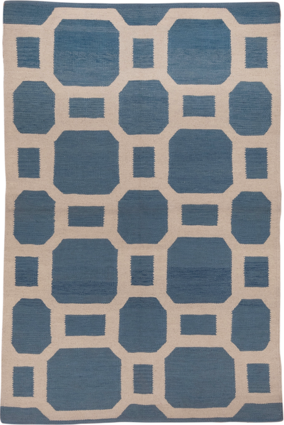 4' x 6' one-of-a-kind handmade vintage Kilim small size rug. Color palette: arapawa, blue, dark gray, fiord, gray