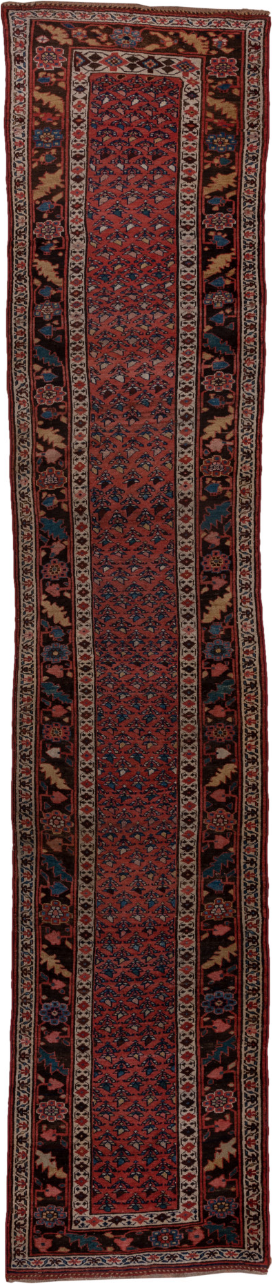 2' x 14' one-of-a-kind handmade vintage Kurd Bidjar runner rug. Color palette: brown, gray, off-white, pink, red, snow