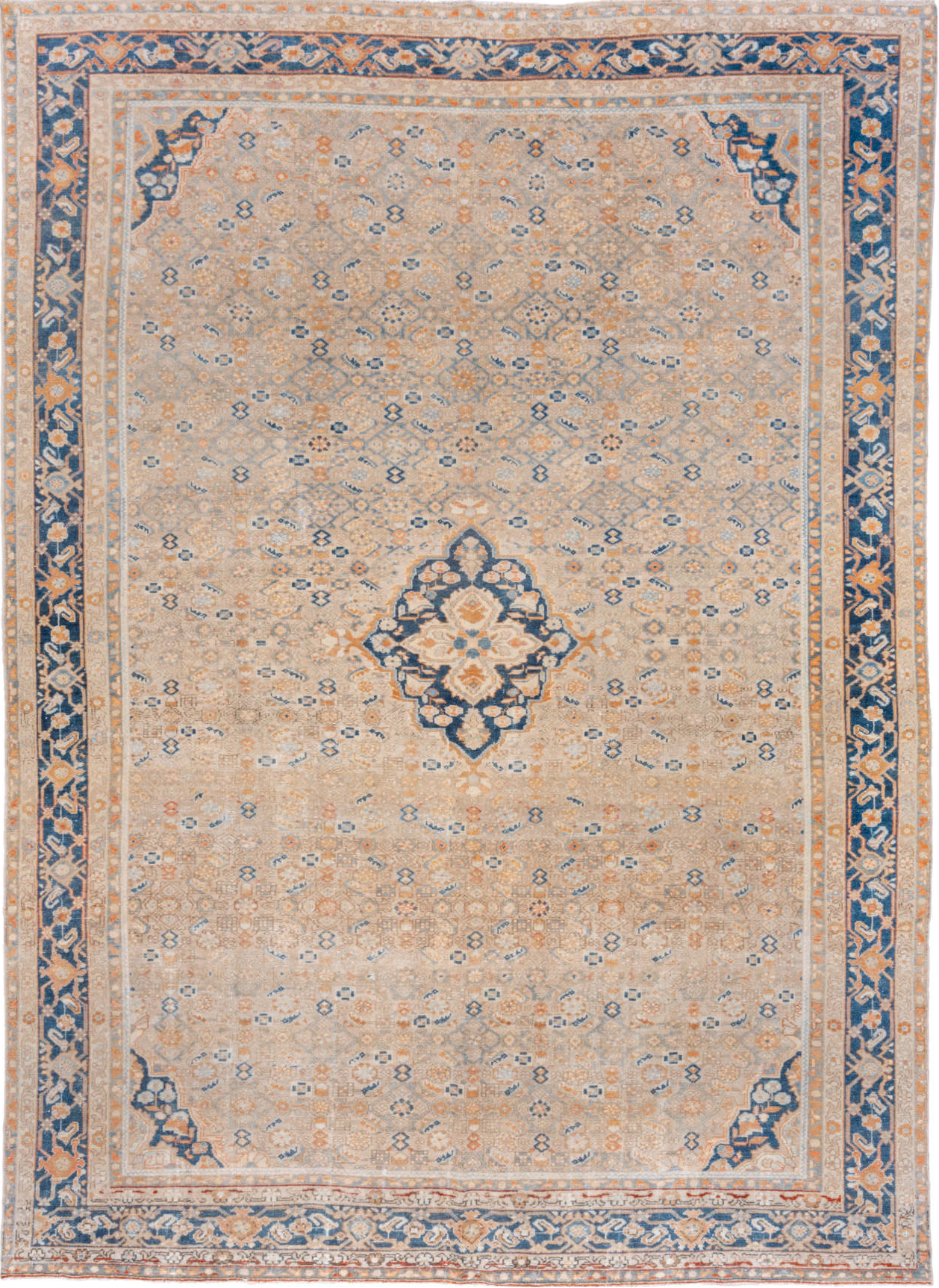 9' x 12' one-of-a-kind handmade vintage Malayer large size rug. Color palette: blue, brown, dark gray, fiord, gray