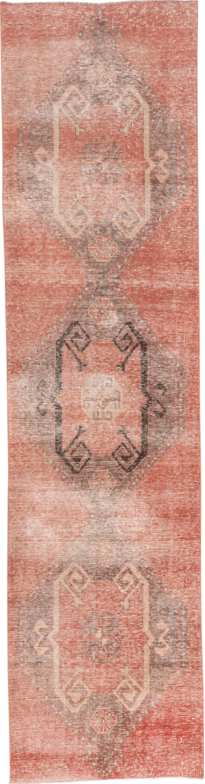 2' x 10' one-of-a-kind handmade vintage Oushak runner rug. Color palette: pink, off-white, orange, brown, white, snow