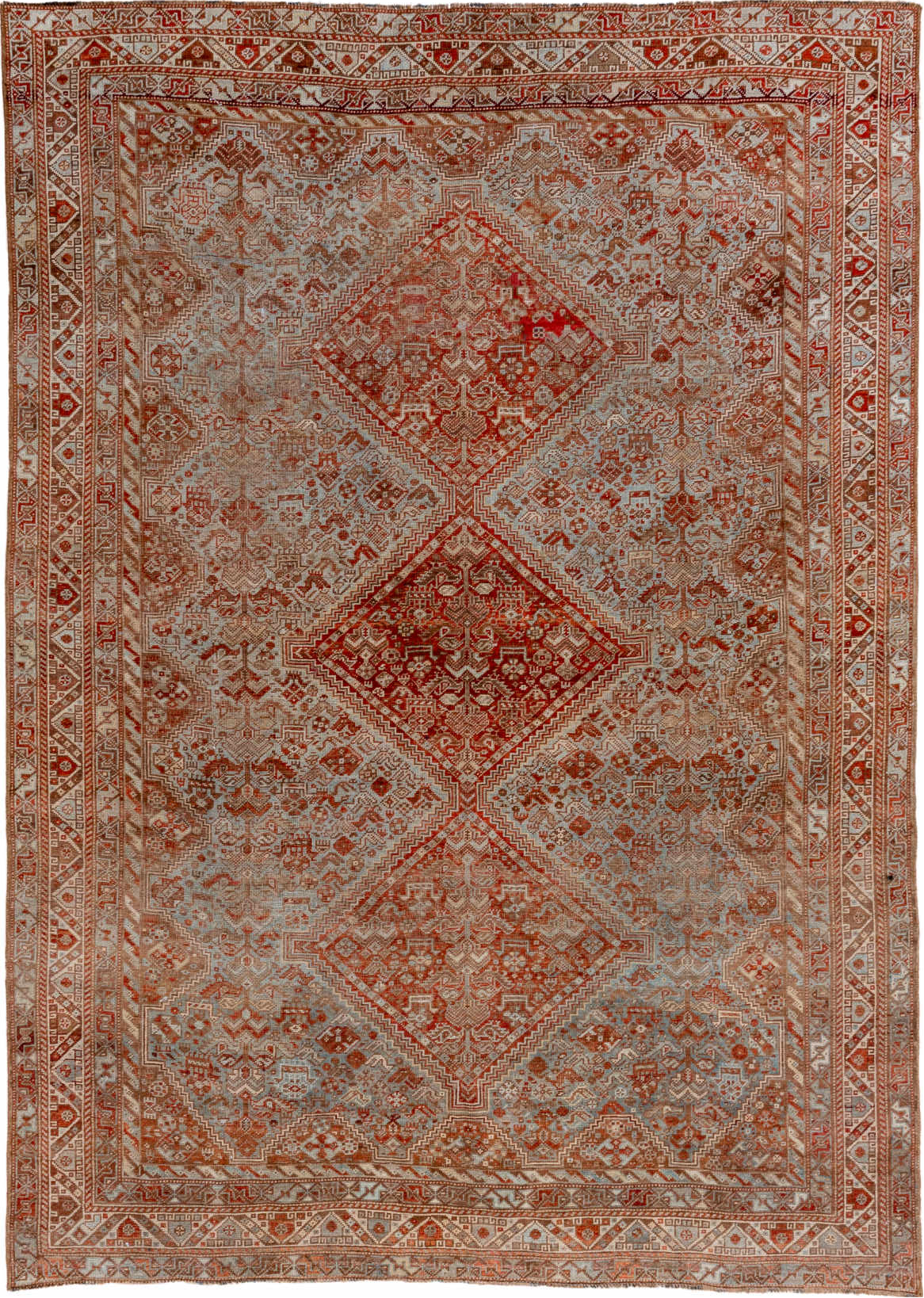 7' x 10' one-of-a-kind handmade vintage Shiraz large size rug. Color palette: brown, gray, light gray, off-white, pink, red