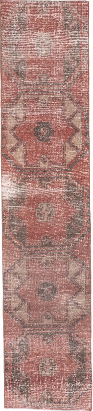 2' x 10' one-of-a-kind handmade vintage Oushak runner rug. Color palette: brown, gray, light gray, off-white, pink, red