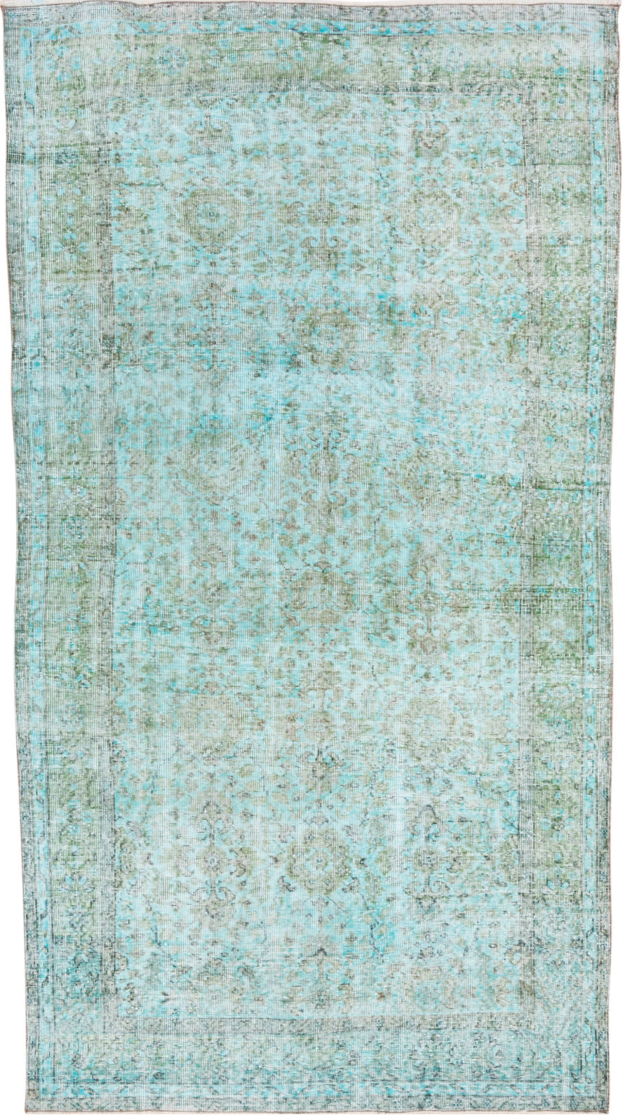 5' x 9' one-of-a-kind handmade vintage Overdyed medium size rug. Color palette: blue, gray, green, light blue, light gray