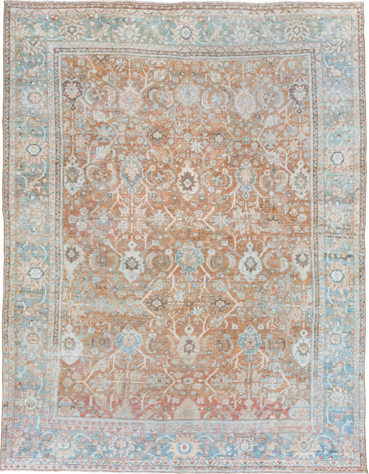8' x 11' one-of-a-kind handmade vintage Mahal large size rug. Color palette: blue, brown, dark gray, gainsboro, gray