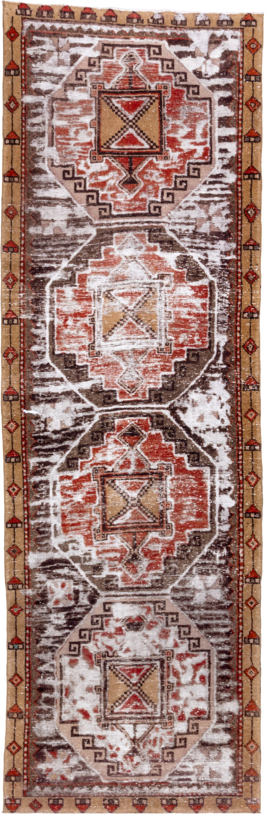 3' x 10' one-of-a-kind handmade vintage Oushak runner rug. Color palette: brown, gray, light gray, off-white, pink, red