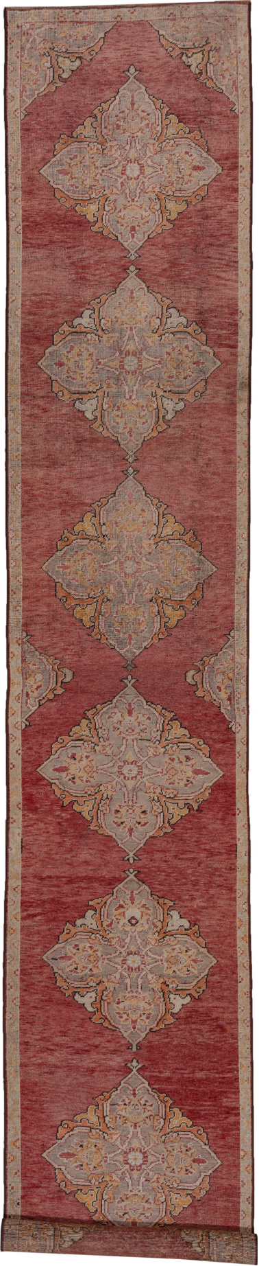 3' x 18' one-of-a-kind handmade vintage Oushak runner rug. Color palette: brown, off-white, pink, red, redwood, snow, white
