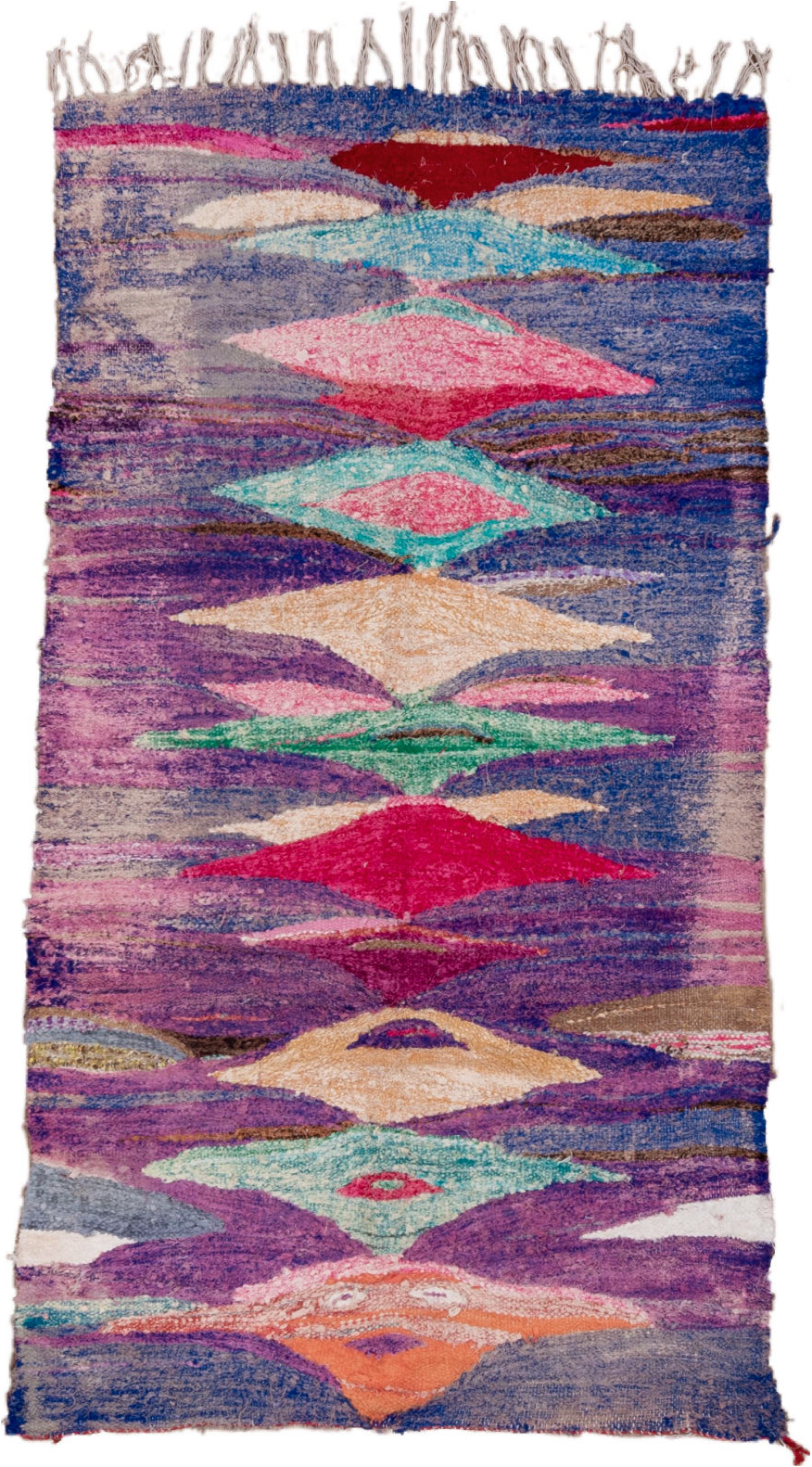 4' x 8' one-of-a-kind handmade vintage Flatweave rug. Color palette: blue, brown, gray, green, light blue, light gray, pink